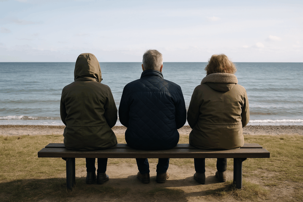 tre pårørende til borgere i habitushuset botilbud der ser ud over vand ved habitushuset fjelsted