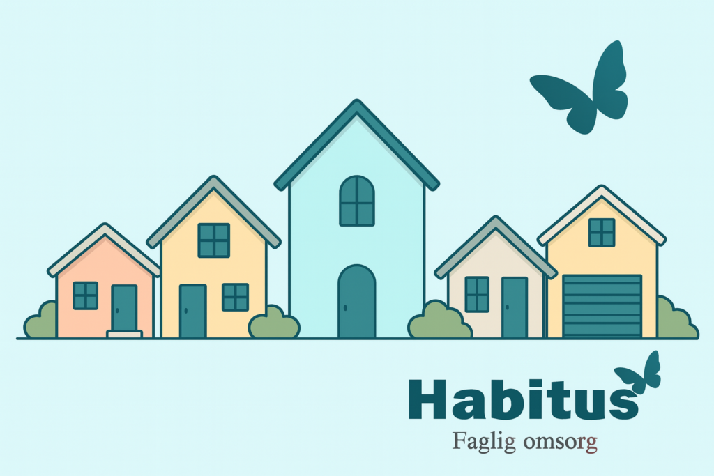 habitushuse billede habitushuset botilbud sommerfugl flyver over tegnede huse habitus logo 